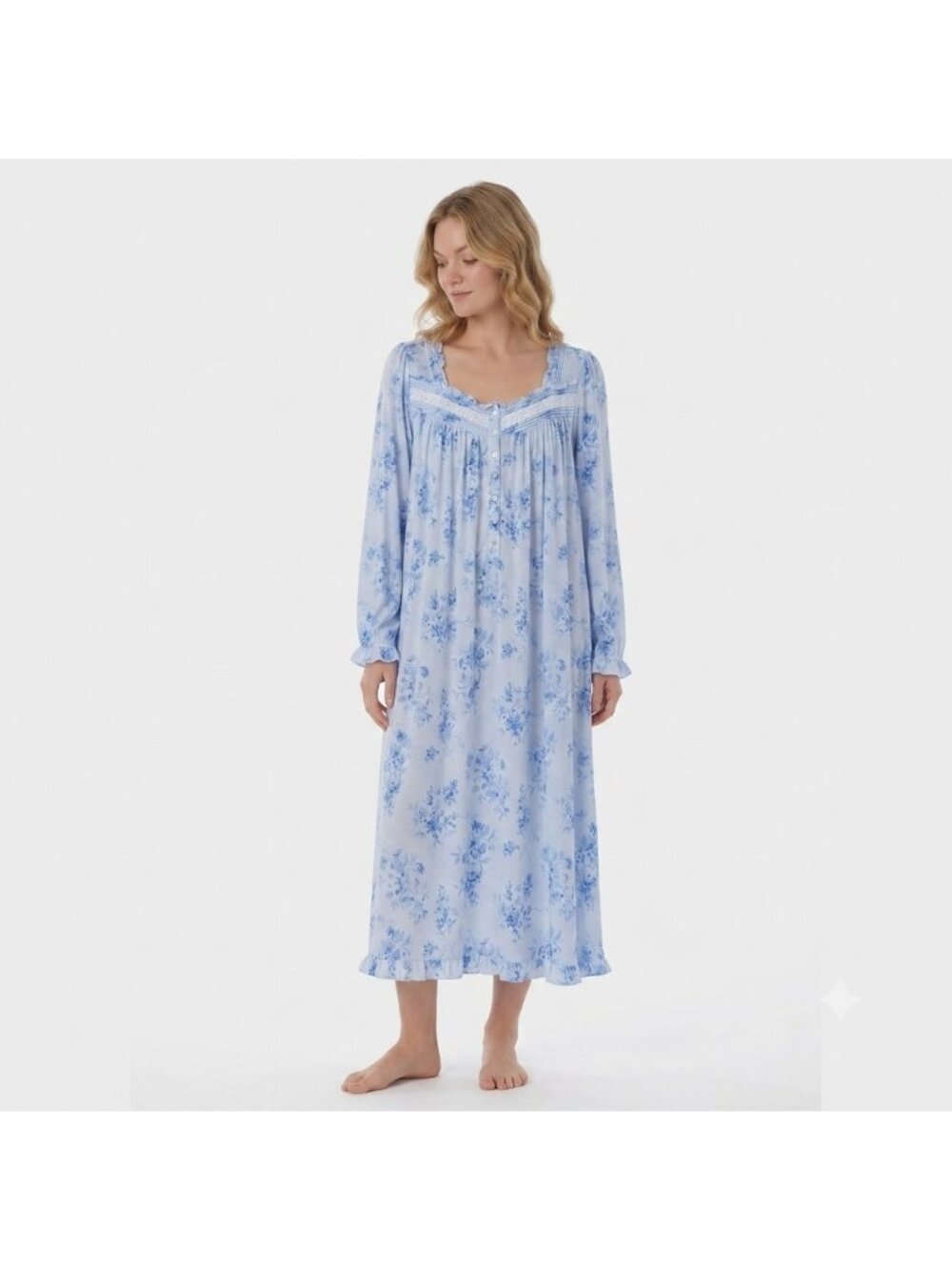 Eileen West Modal Nightgown M Blue Floral Lace Trim Ruffle Sleepwear Trad Wife